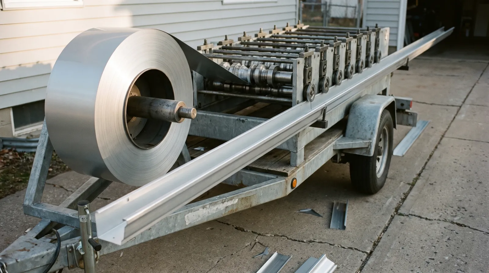 Illustration of aluminum coil feeding a gutter-forming machine on a driveway